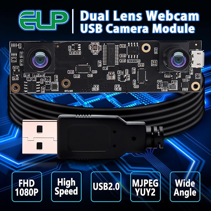 ELP 1080P Dual Lens USB 3D Stereo Webcam Board for Computer and Raspberry Pi - AR0330 Binocular USB2.0 PC Camera Mini UVC USB Security Laser Engraver Laptop Lightburn