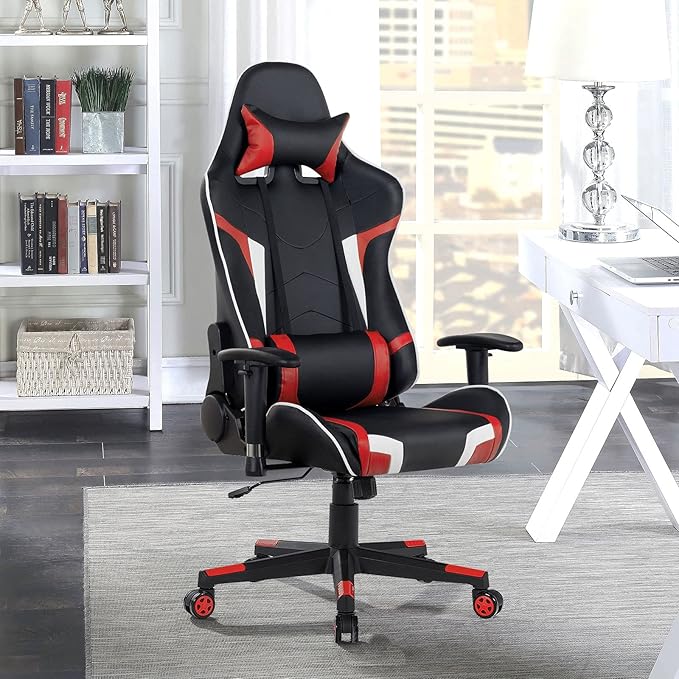 GYMAX Gaming Chair Massage Gaming Chairs for Adults with Headrest Lumbar Support &amp Armrest Video Computer Reclining Gaming Chair Office Desk Gamer Task Chair (Red)