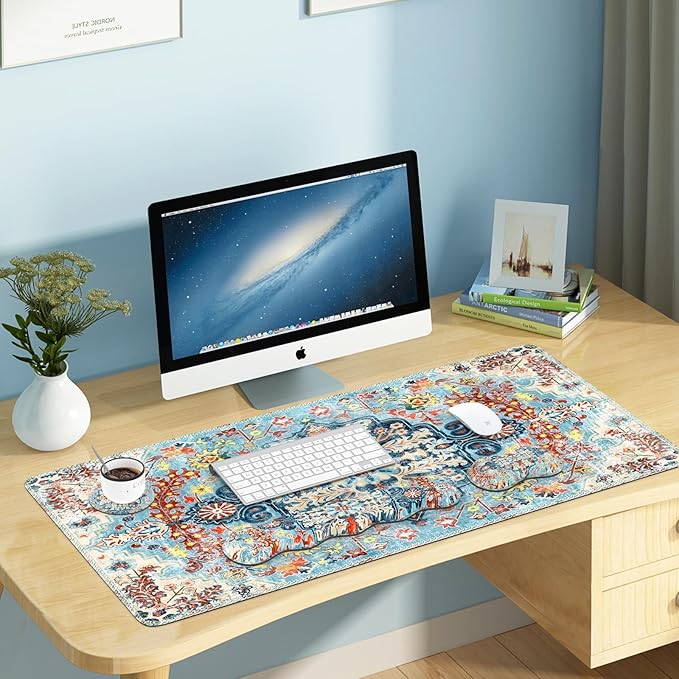 iLeadon Mouse Pad Set Desk Mat + Mouse Pad with Wrist Rest + Keyboard Wrist Rest + Coaster 4in1 Large Gaming Mouse Pad Set for Home Office Retro Boho Floral Blue