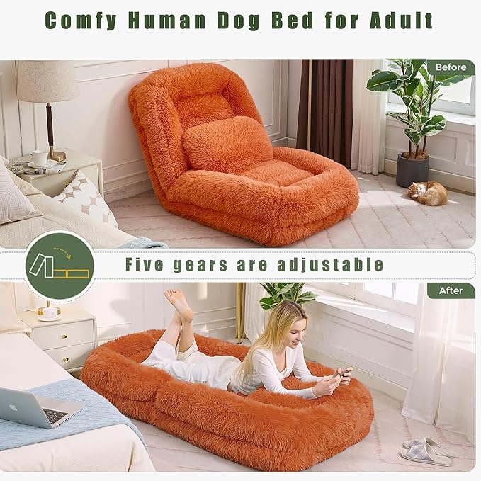 Floor Chair with Back Support Human Dog Bed with 5 Adjustable Position Convertible Lazy Floor Lounger Comfy Gaming Chair Plush Folding Sofa Bed for Adult Living Room Bedroom Orange