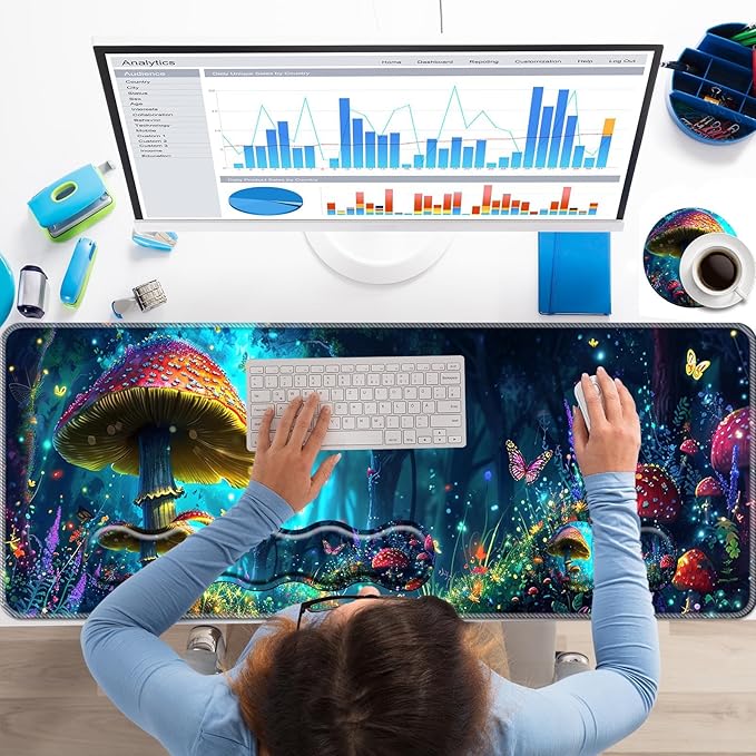 Keyboard Wrist Rest+Mouse Wrist Pad+Desk Pad SetMemory Foam Ergonomic Easy Typing Pain Relief for Computer Laptop Office Home - Mushrooms and Butterflies