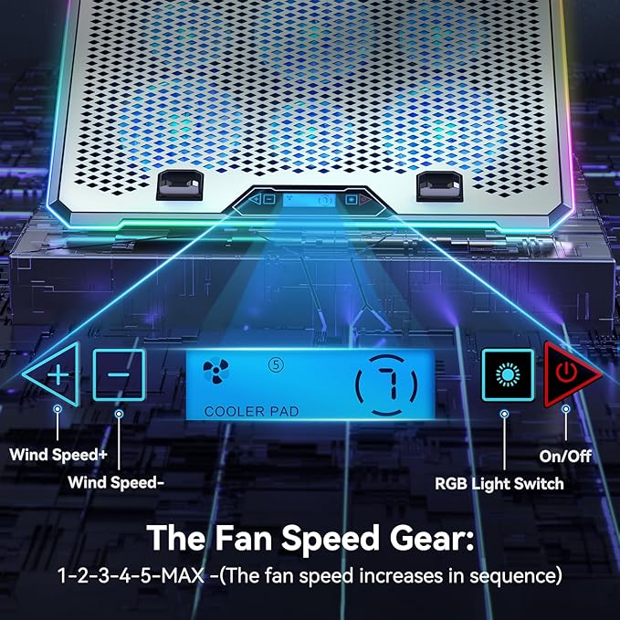 Aluminum Alloy RGB Gaming Laptop Cooler with 6 Fans and LCD Screen - 10 RGB Modes Memory Function 4 USB Ports 3.0 and 2.0 Hub 9 Height Adjustable for 10 to 21 Inch Laptops on Desk or Lap