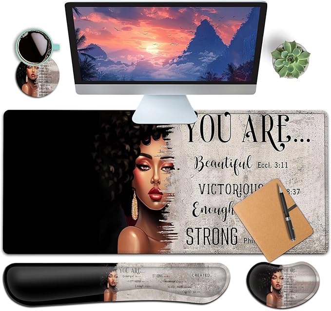 Large Gaming Mouse Pad+ Keyboard Wrist Rest Set Ergonomics Memory Foam Mouse Mat Wrist Rest Support Waterproof Extended Mousepad 31.5x11.8in African American Women Black Girl Black Desk Pad