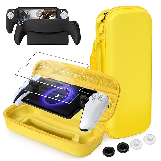 CoBak Hard Carrying Shell Case for PlayStation Portal Remote Player - with 2 Screen Protector 1 Grip Case 4 Thumb Grip Caps Hard Outer Cover for PS5 Portal Yellow