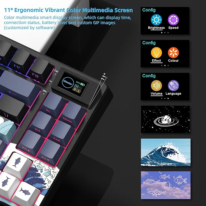 Womier 75% Wireless Mechanical Keyboard with Color Multimedia Screen Anime Gaming Creamy Keyboard 3-Modes Hot Swappable Kanagawa Theme Key Board w/Wrist Rest Gasket RGB Custom for Mac/Win (SK80 PRO)