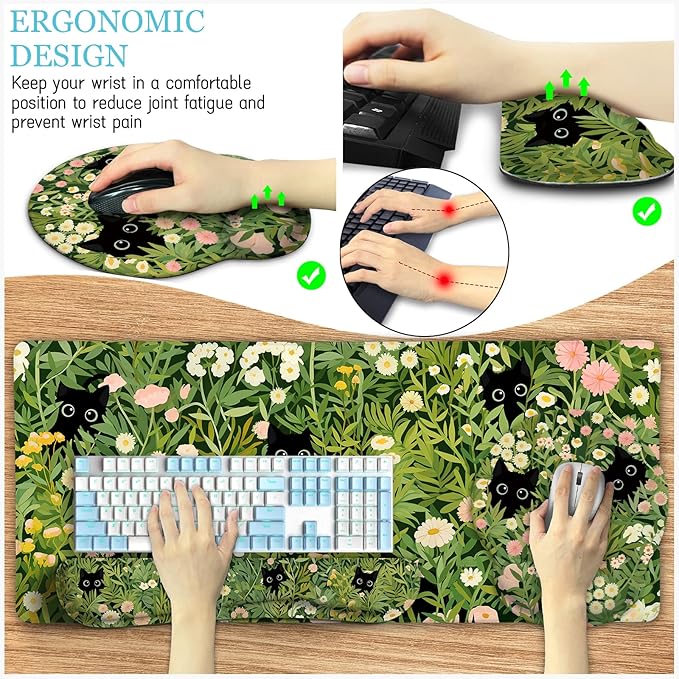 Cat Ergonomic Mouse Pad with Wrist Rest Desk Mat Set Green Gaming Mouse Pad Wrist Support Keyboard Mat Wrist Rest Cup Coaster Funny Office Decor