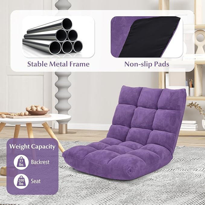 ARLIME Adjustable Floor Chair 14-Position Lazy Sofa Chair with Back Support &amp Thick Padding Portable Foldable Floor Couch for Adults Kids Use in Bedroom Living Room Home Theater (Purple)