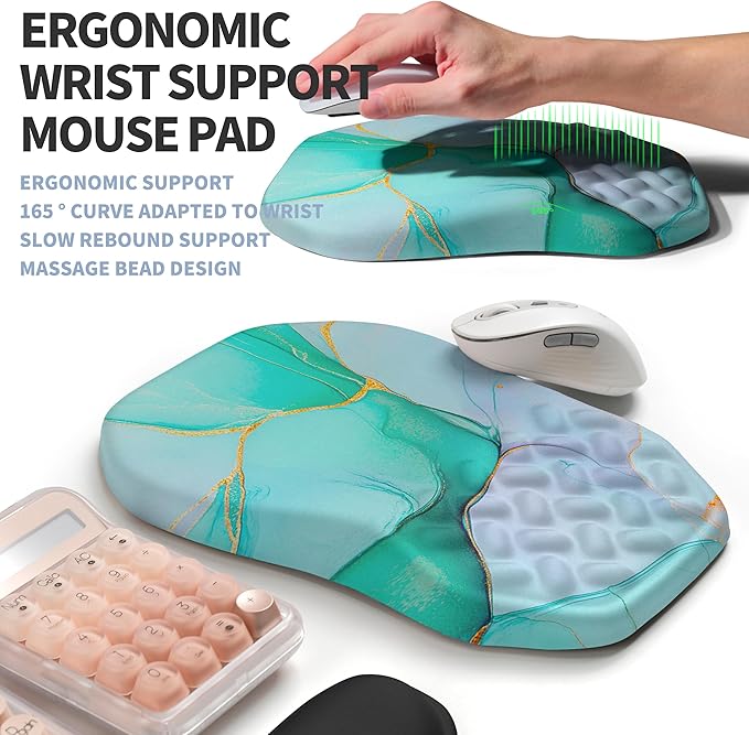 2-in-1 Ergonomic Set Wave Keyboard Wrist Rest and Massage Slope Mouse Pad Wrist Support Rebound Memory Foam for Relieve Carpal Tunnel Syndrome and Wrist Pain (Green Gold Marble)