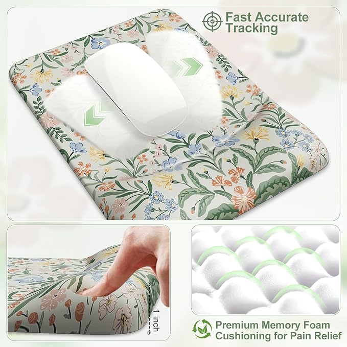 iCasso Mouse Pad with Wrist RestLarge Desk Mat SetErgonomic Keyboard Pad with Wrist SupportNon-Slip Mouse Mat for WomenCute Floral Computer Mat for Home Office Gaming (Green Floral)