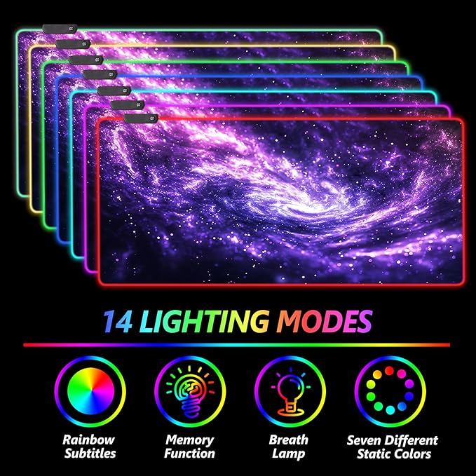 AIMSA RGB Mouse Pad LED Gaming Mouse Pad with 14 Lights Modes Non-Slip Rubber Base Computer Carpet Desk Mat for PC Laptop (35.4 x 15.8 inch) Purple Blue Nebula