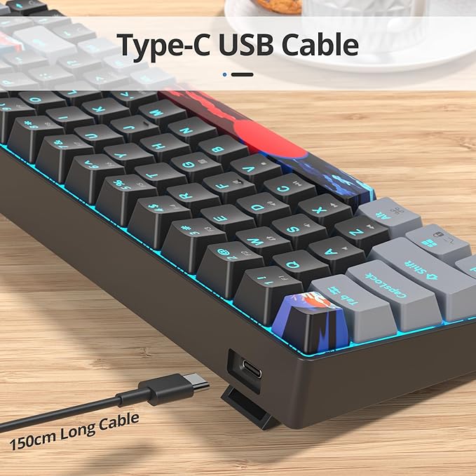 65 Percent Gaming Keyboard 68 Keys Mechanical Keyboard LED Backlit Ultra Compact Wired Key Board with Red Switch for Windows Laptop Gamer