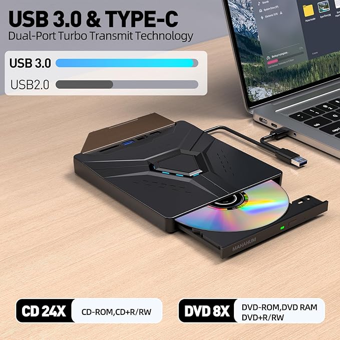 External CD/DVD Drive for Laptop Mac USB 3.0 &amp Type-C 8-in-1 Portable DVD Player/Burner Plug &amp Play with Carrying Case Compatible with Desktop PC Windows 11/10/8 Linux Mac OS MacBook Pro/Air
