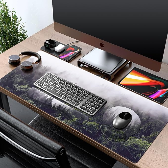iCasso Desk Mat Gaming Mouse Pad Wrist Support Set4in1 XXL Large Mousepad + Keyboard Wrist Rest+Mouse Wrist Rest+Coaster Set with Ergonomic Design for Home Office Table Computer-Forest