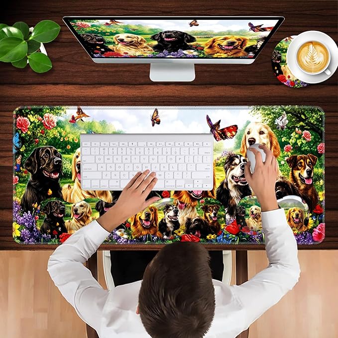 Keyboard Wrist Rest and Mouse Pad with Wrist Support Set Ergonomic CoasterMemory FoamEasy Typing Pain ReliefLarge XL Desk Mat 31.5x 11.8Dog with Butterflies and Flowers