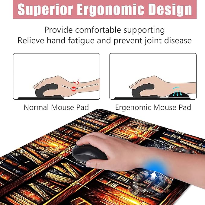 Large Keyboard Mouse Pad Set Extended Mouse Pad+Keyboard Wrist Rest Support Memory Foam Ergonomic Easy Typing 4Pcs (31.5×11.8 in) Desk Pad Set for Office HomeVintage Bookshelf