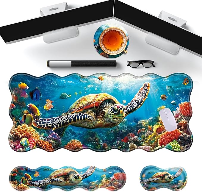 Large Gaming Mouse Pad Keyboard Wrist Rest Pad &amp Wrist Support Mousepad Set Stitched Edge Extended Non-Slip Base Memory Foam Desk Mat for Office HomeSwimming Sea Turtle