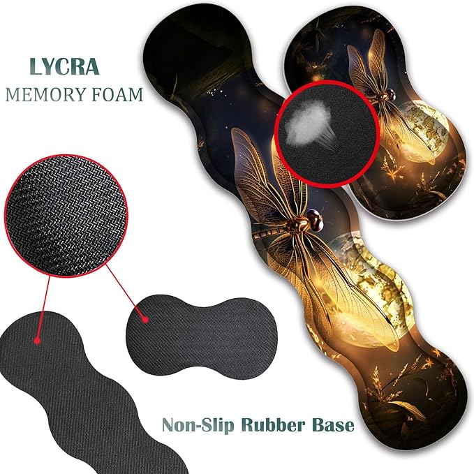 4 in 1 Mouse Pad Combo Large Gaming Mouse Pad + Keyboard Wrist Support + Mouse Wrist Rest + Coaster Table Pad 31.5 x 11.8 with Memory Foam Ergonomic Wrist Pad Set Dragonfly Under The Moon