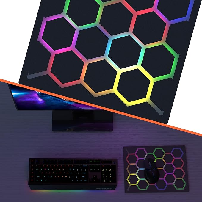 Gaming Mouse pad with Hexagonal Glowing Pattern RGB LED Mouse pad Multiple Lighting Modes Supports PC Client Color Adjustment syncs with Screen Colors