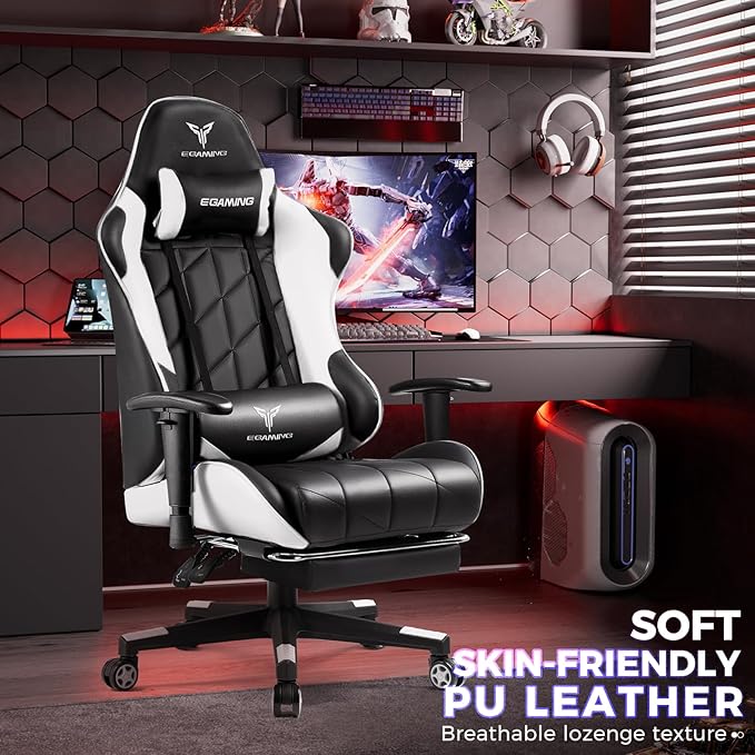 Gaming Chair Big and Tall Video Game Chair with High Back PU Leather Home Office Ergonomic Computer Chair with Footrest Adjustable Height 360° Swivel Wheels for Adults and Teens (White)