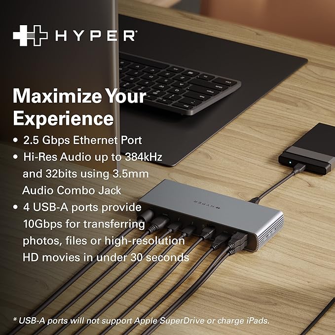 HyperDrive USB-C &amp Thunderbolt 4 Dock - Dual 6K60Hz Display Support Docking Station 96W PD Charge 2.5 Gigabit Ethernet 10Gbps USB-A File Transfer 11 Ports for