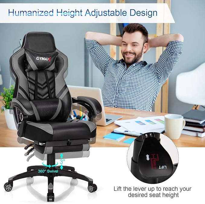 GYMAX Gaming Chair Ergonomic Computer Chair with Footrest Linkage Armrests &amp Lumbar Cushion Big Wide High Back Video Gaming Chair Reclining Office Rolling Chair for Adult/Teens (Gray)