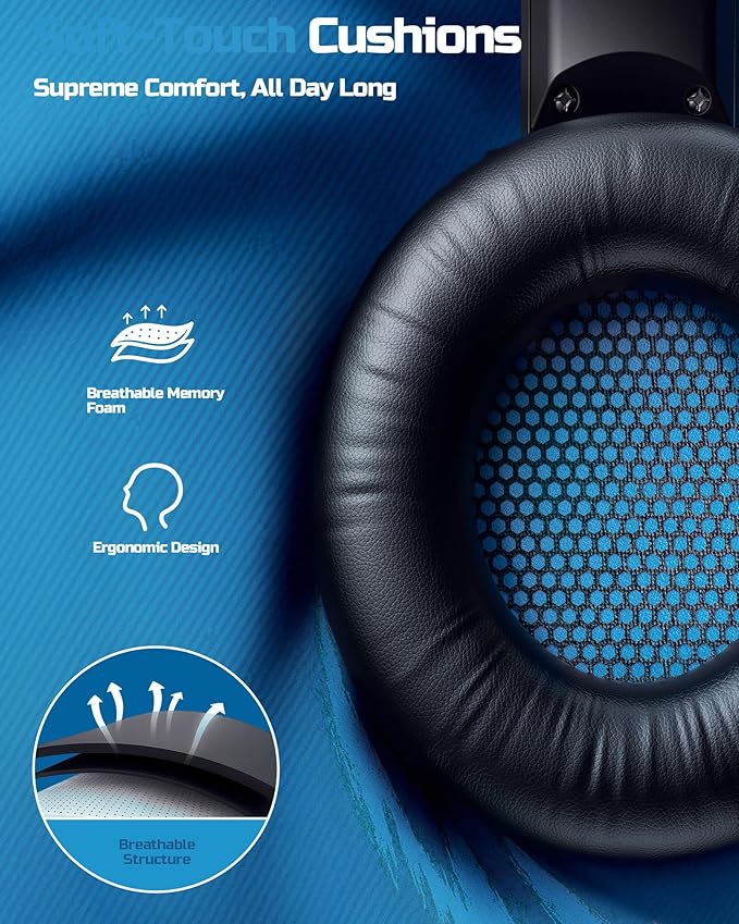 BINNUNE Wireless Gaming Headset — 2.4GHz Low-Latency USB Dongle + Bluetooth 50mm Drivers 7.1 Surround Noise-Cancelling Mic 40H Battery — Over Ear Wireless Headphones for PS5 PC Laptop Blue