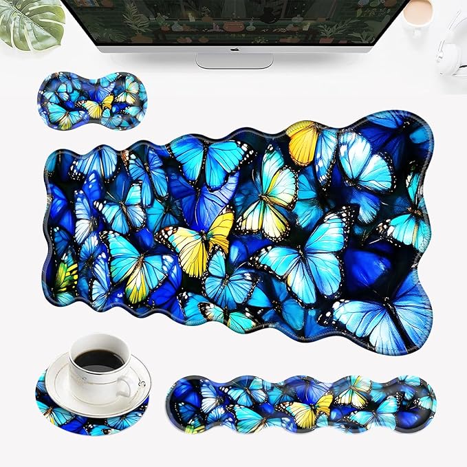 Desk Mat Mouse Pad with Wrist Rest 4-in-1 Large Mouse Pads for Desk Ergonomic Mouse Pad and Keyboard Wrist Rest Gaming Keyboard Mat for OfficeColorful Butterflies