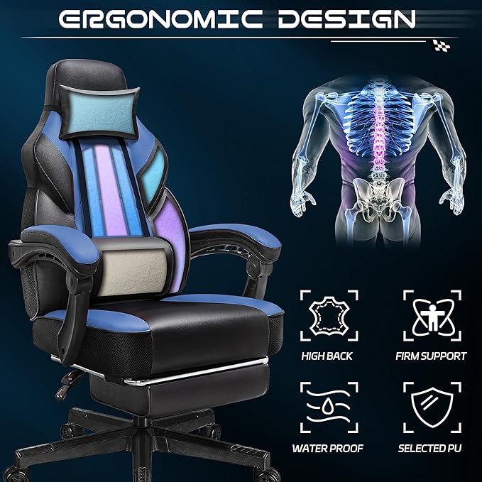 Gaming Chair with Footrest Video Game Chair for Adults Ergonomic Big and Tall Computer Chair with Massage Lumbar Height Adjustable 360° Swivel Seat and Headrest (Blue)