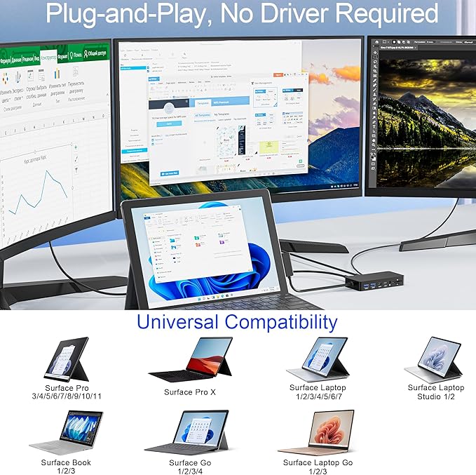 Surface Docking Station 12-in-1 Triple Display 4K@60Hz Dock with HDMI DP USB-C 4-Screen Support 4 USB Ports SD/TF Audio for Surface Pro 11/10/9/8/7 Surface Laptop Book Go