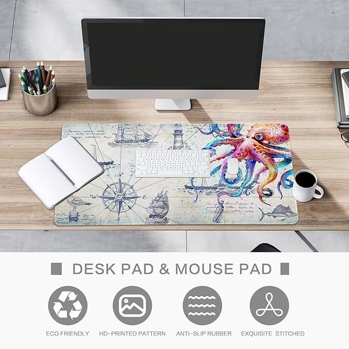 Large Gaming Pad Desk Mat for Desktop Big Computer Pad Grey Desk Pad Computer Desk Mat for Keyboard Cool Non-Slip Gaming Mat for Men Boys 35.4x15.7 Octopus