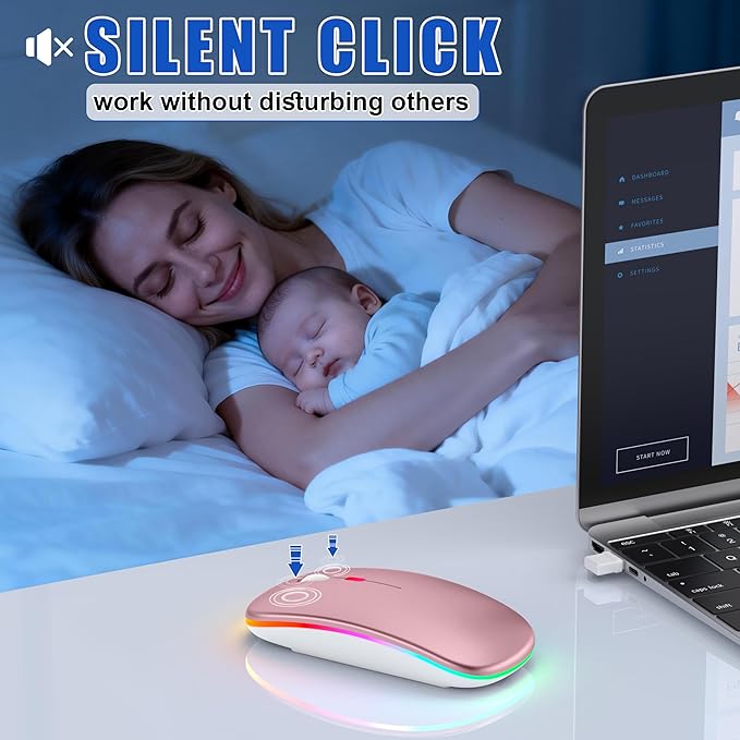 LED Bluetooth Mouse for Laptop/MacBook/iPad - Built-in Mouse Jiggler &amp 4-Mode (Bluetooth 5.2/3.0 &amp 2.4GHz USB-A/C) Rechargeable Silent Mouse Multi-Device Compatible with macOS/iOS/Windows/Andr