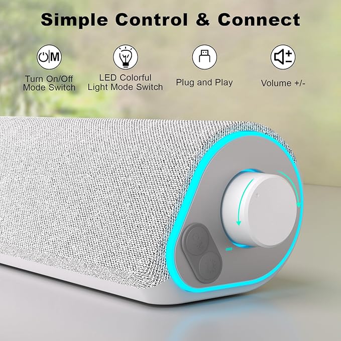 SOULION R50 Bluetooth Computer Speakers 3.5mm PC Sound Bar for Desktop Monitor Wired USB Powered &amp Colorful LED Lights with Switch Button Surround Sound Soundbar PC Spearkers for Computer Whit
