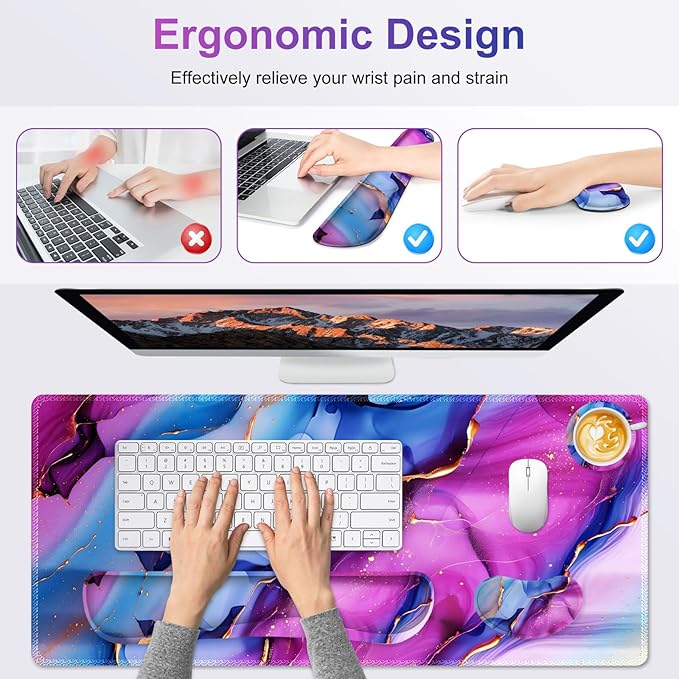 Large Gaming Mouse Pad Set 4 in 1 Ergonomics Keyboard Desk Mat with Memory Foam Wrist Rest Computer PC Extended Game Mousepad Non-Slip Desk Pad Matt Easy Typing Pain Relief I Colorful Marble