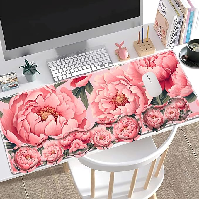 Large Gaming Mouse Pad + Keyboard Wrist Rest + Wrist Support + Coaster Set Memory Foam Ergonomic for Easy Typing XXL Extended Gaming Mouse Pad Table Pad - Art Pink Flowers