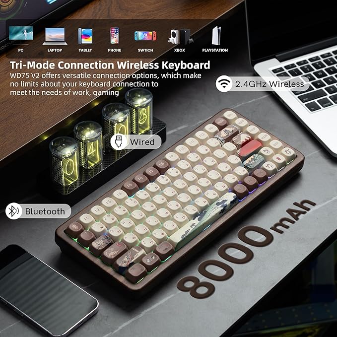 Womier 75% Wireless Creamy Keyboard with Wood Shell QMK/VIA WD75 V2 Retro Mechanical Gaming Keyboard 8000mAh Battery Tri-Mode Custom Key Board RGB Hot Swappable MOA Japanese Keycap-Linear Switch