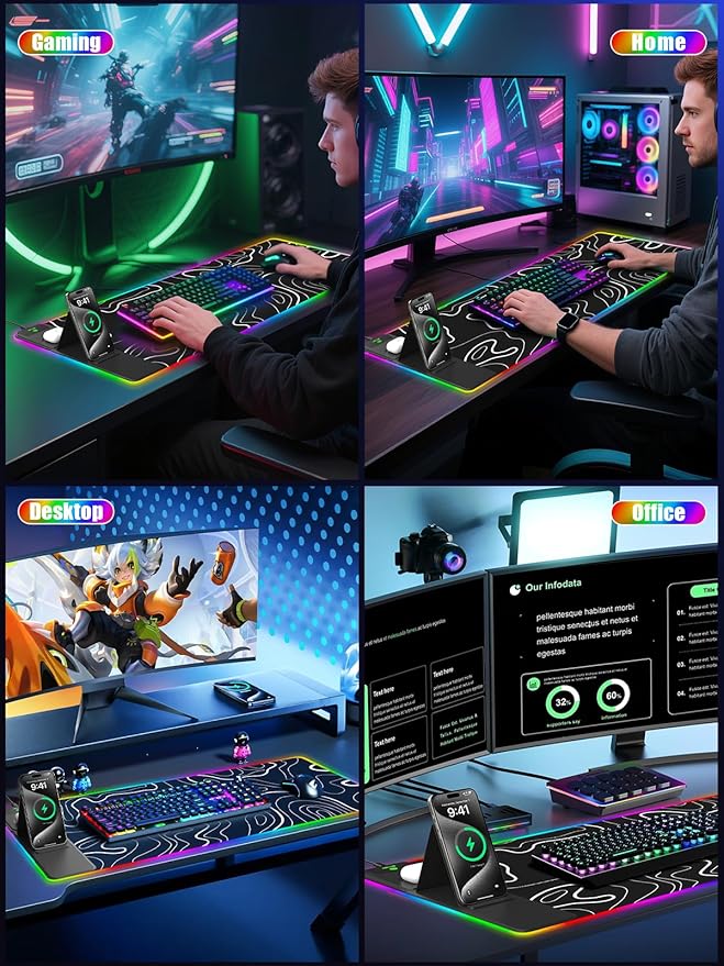Mouse Pad with Foldable Phone Holder &amp Wireless Charger XXL RGB Gaming Mousepad 31.5x15.8 Large Desk Mat for Keyboard Black Desk Pad with Dual Qi Charging Station | 11 Colors 5 Modes | Waterpr