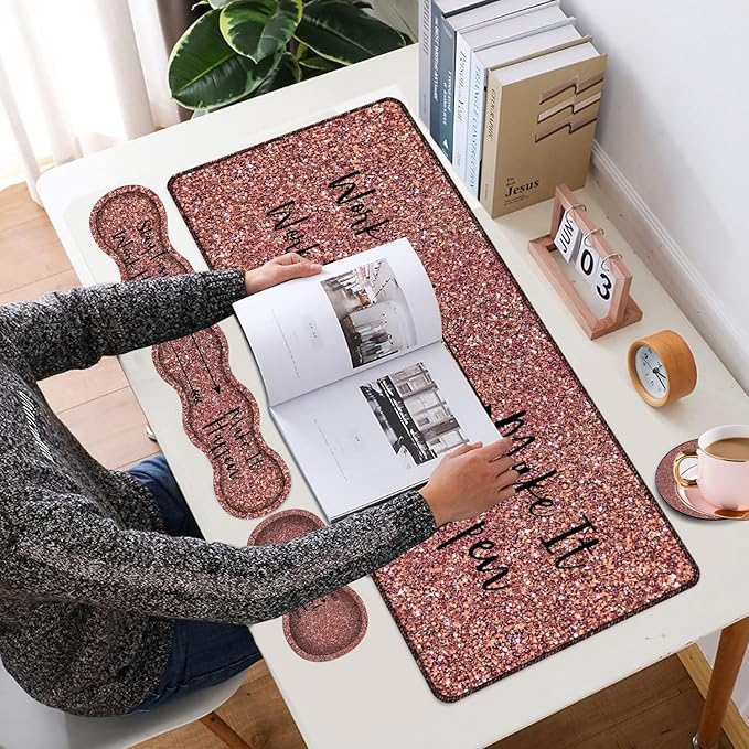 Large Gaming Mouse Pad + Keyboard Wrist Support + Mouse Wrist Rest + Coaster Table Pad with Stitched Edge Memory Foam Ergonomic Wrist Pad Set Stay Positive Work Hard and Make It Happen