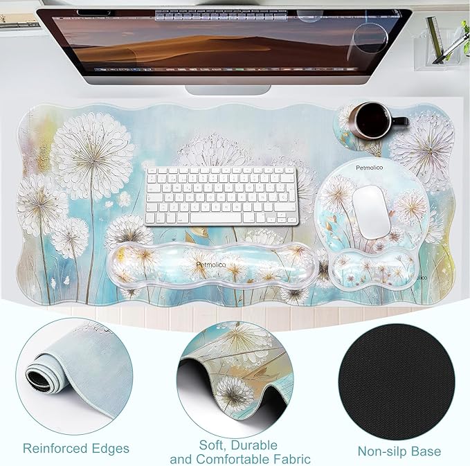 Petmolico Mouse Pad with Wrist Rest-Clear Gel Wrist Rest for Keyboard and MouseLarge Non-Slip Desk Mat and Heat-Resistant Cup CoastersErgonomic Design for Typing Pain（DandelionWhite）