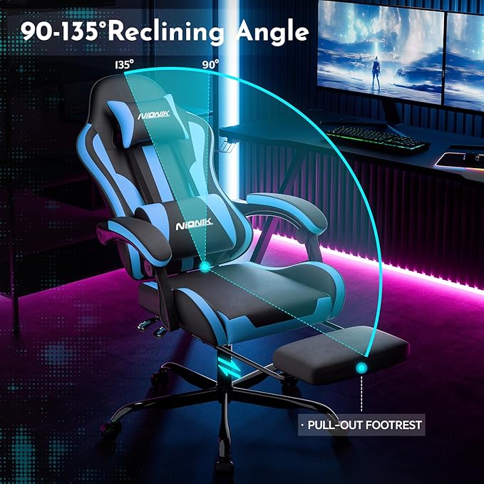 Gaming Chair Ergonomic Computer Chair with Footrest and Lumbar Support Height Adjustable Game Chair with 360°-Swivel Seat and Headrest and for Office or Gaming BlackBlue