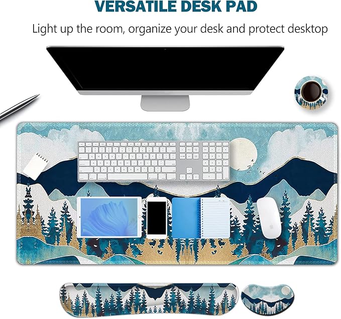 ARTSO Large Gaming Mouse Pad Set Keyboard Wrist Rest Support + Mouse Wrist Cushion + Extended Mousepad + Coaster 35x15.5in Multifunctional Desk Mat Abstract Mountain