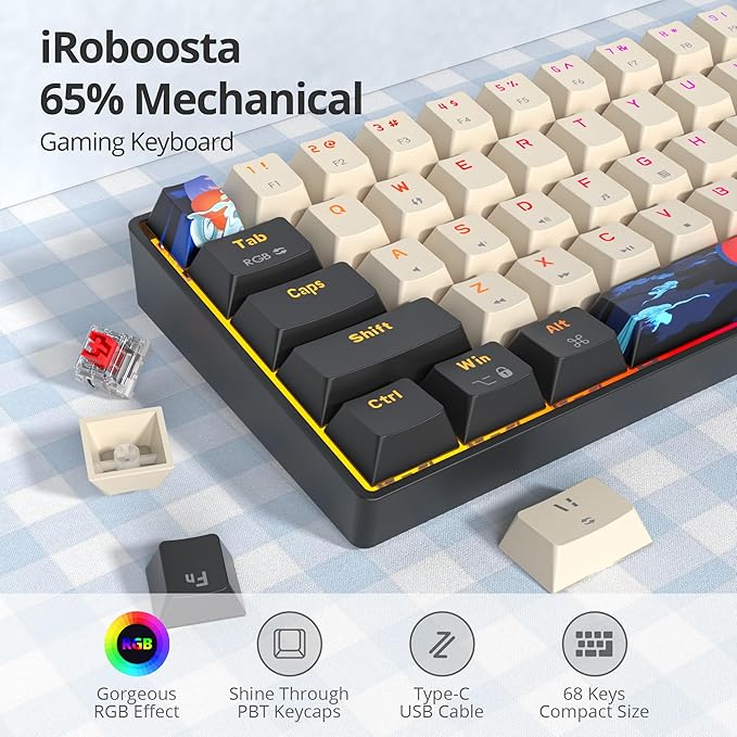 Orange Mechanical Gaming Keyboard 65 Percent Red Switch RGB Keyboard 65% 68 Keys Small Wired Key board PBT Keycaps Anti-Ghosting Mini Keyboards for Business Trips Game/Office (68 Carbon)