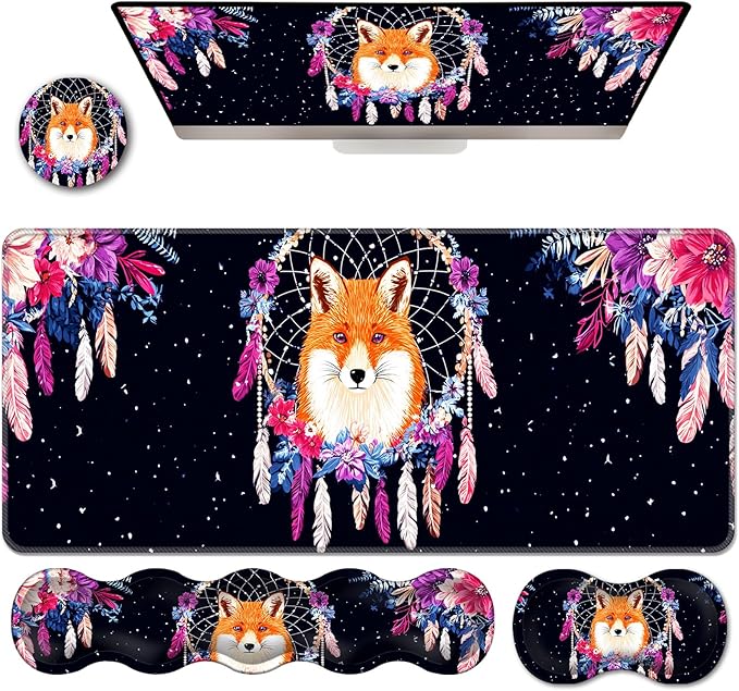 Ergonomic Keyboard Wrist Rest &amp Mouse Pad Wrist Rest SetXL Gaming Desk Mat 31.5x 11.8Non-Slip BaseMemory FoamEasy Typing Pain Relief for Office &amp HomeFox in Floral Dreamcatcher