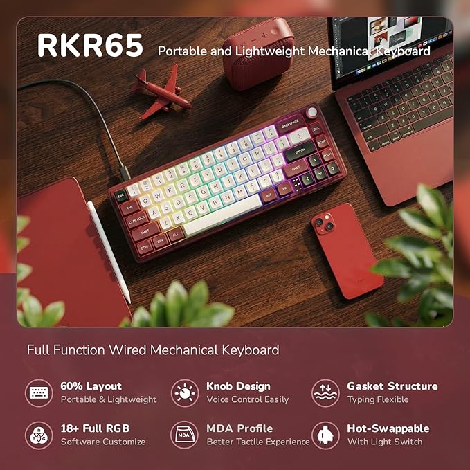 RK ROYAL KLUDGE R65 Wired Mechanical Keyboard with Volume Knob 60% Percent RGB Backlit Gaming Keyboard Gasket Mount with PBT Keycaps MDA Profile QMK/VIA 66 Keys Hot Swappable Light Switch Red