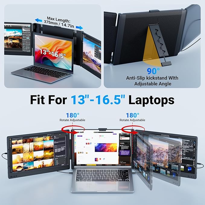 Ygretyrjh Laptop Screen Extender 14 Triple Portable Monitor for Laptop 1080P FHD IPS Screen Extender Monitors for 13-17 Travel Monitor for Mac/Windows/Chrome Built-in Speakers