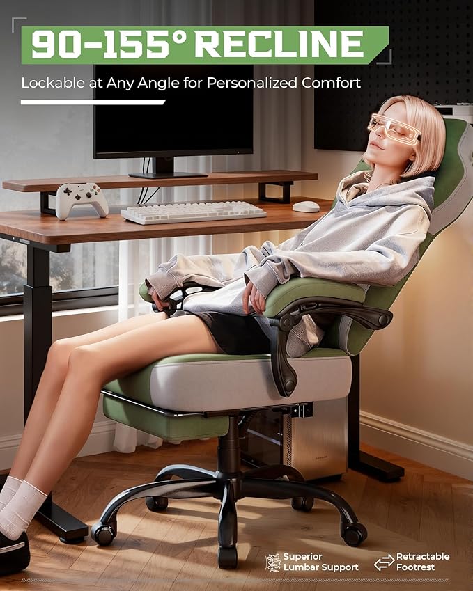 GTPLAYER Gaming Chair Computer Chair with Footrest and Lumbar Support for Adults 360°-Swivel Big &amp Tall Reclining Seat for Office or Gaming (Green)