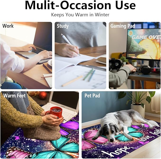 Heated Mouse Pad - 3 Temperature Settings (86°F–122°F)Auto Shut OffLarge 31.5x13 Inch PU Leather Desk Mat for OfficeGamingCold Hands ReliefPurple Butterflies