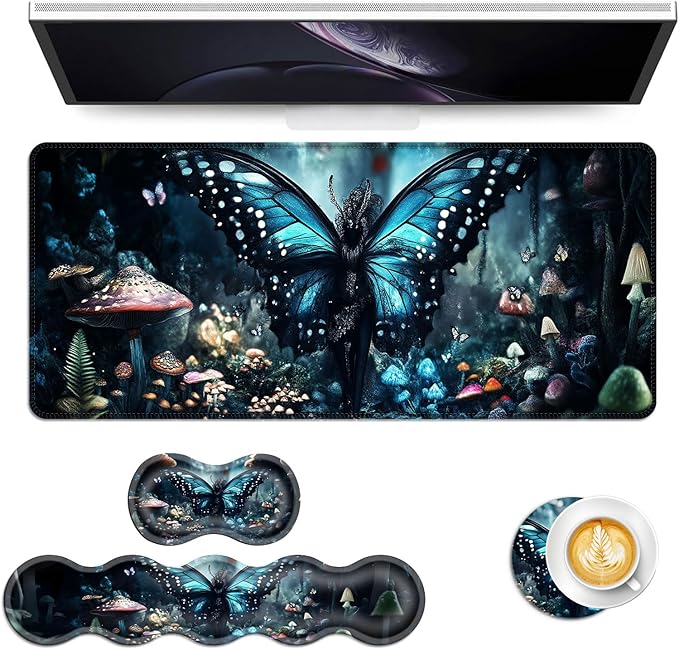 Keyboard Mouse Pad Set Extended Gaming Mouse Pad+Ergonomics Keyboard Wrist Rest Support Memory Foam Easy Typing Pain Relief 4Pcs XL Ultra Thick Desk MatButterfly Mushroom