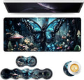 Keyboard Mouse Pad Set Extended Gaming Mouse Pad+Ergonomics Keyboard Wrist Rest Support Memory Foam Easy Typing Pain Relief 4Pcs XL Ultra Thick Desk MatButterfly Mushroom