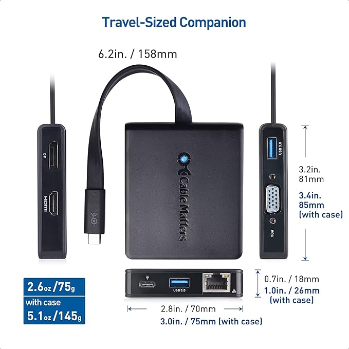 Cable Matters 7-in-1 USB C Hub with Triple Display (HDMI DisplayPort VGA) 2X USB 3.0 Gigabit Ethernet 100W Charging - Thunderbolt 4 /USB4 Compatible with MacBook Pro Dell XPS Surface Pro