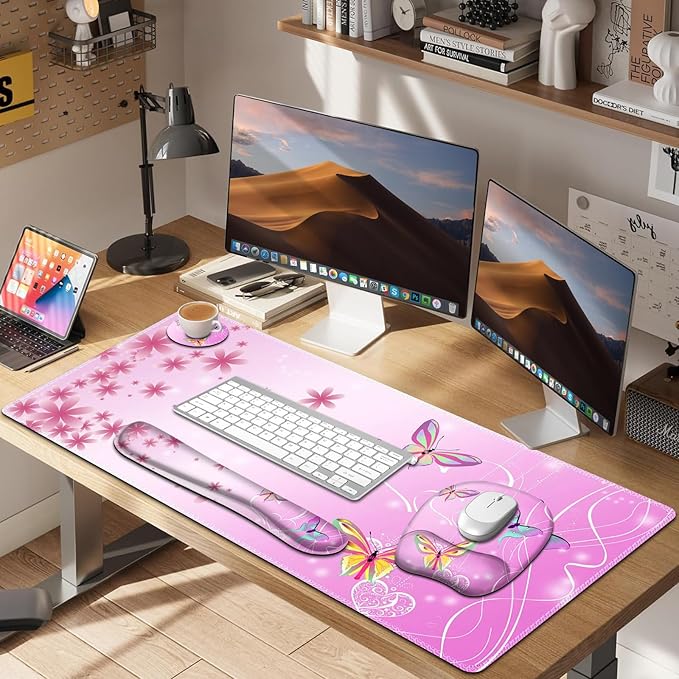Mouse Pad with Wrist Support 4 in1 Set XXL Big Game Mousepad + Keyboard Wrist Rest + Mouse Wrist Rest Pad +Coaster Gaming Mat for Work Study Home Office I Gradient Pink Butterfly Flower